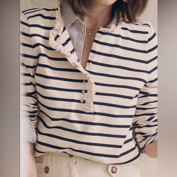 Sezane Gael Mariniere Striped Long Sleeve Top with Ruffles - Picture 4 of 12